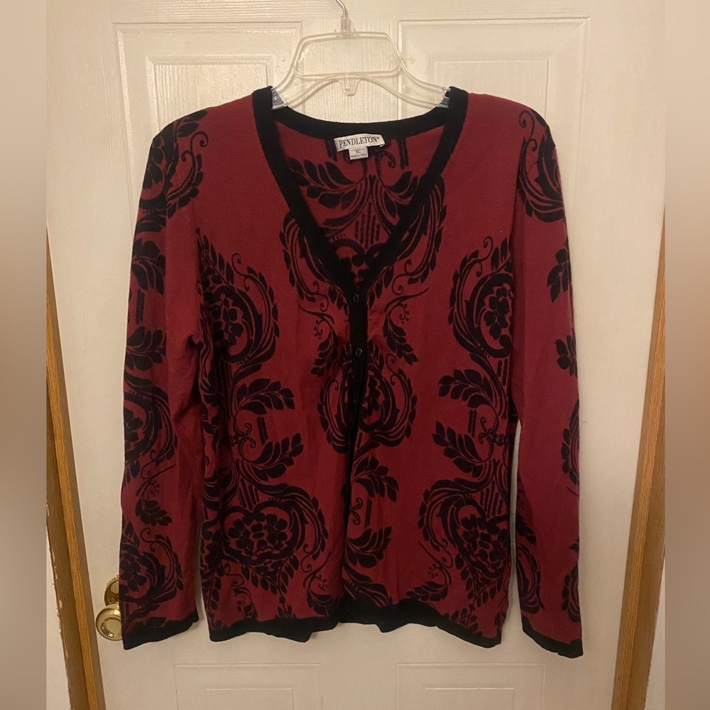 Pendleton Burgundy and Black Floral Wool Cardigan